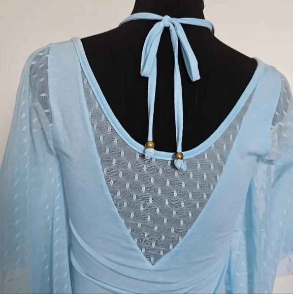 D.i.a Gyaru Blue Batwing Sheer Polka Dot Sleeve Beaded Halter Neck Top With - Picture 5 of 9